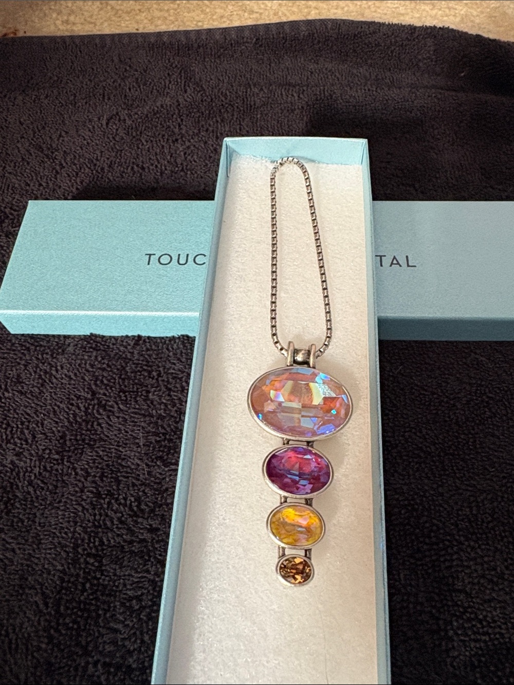 Touchstone Crystal Iridescent Pink Purple Yellow Pendant Necklace